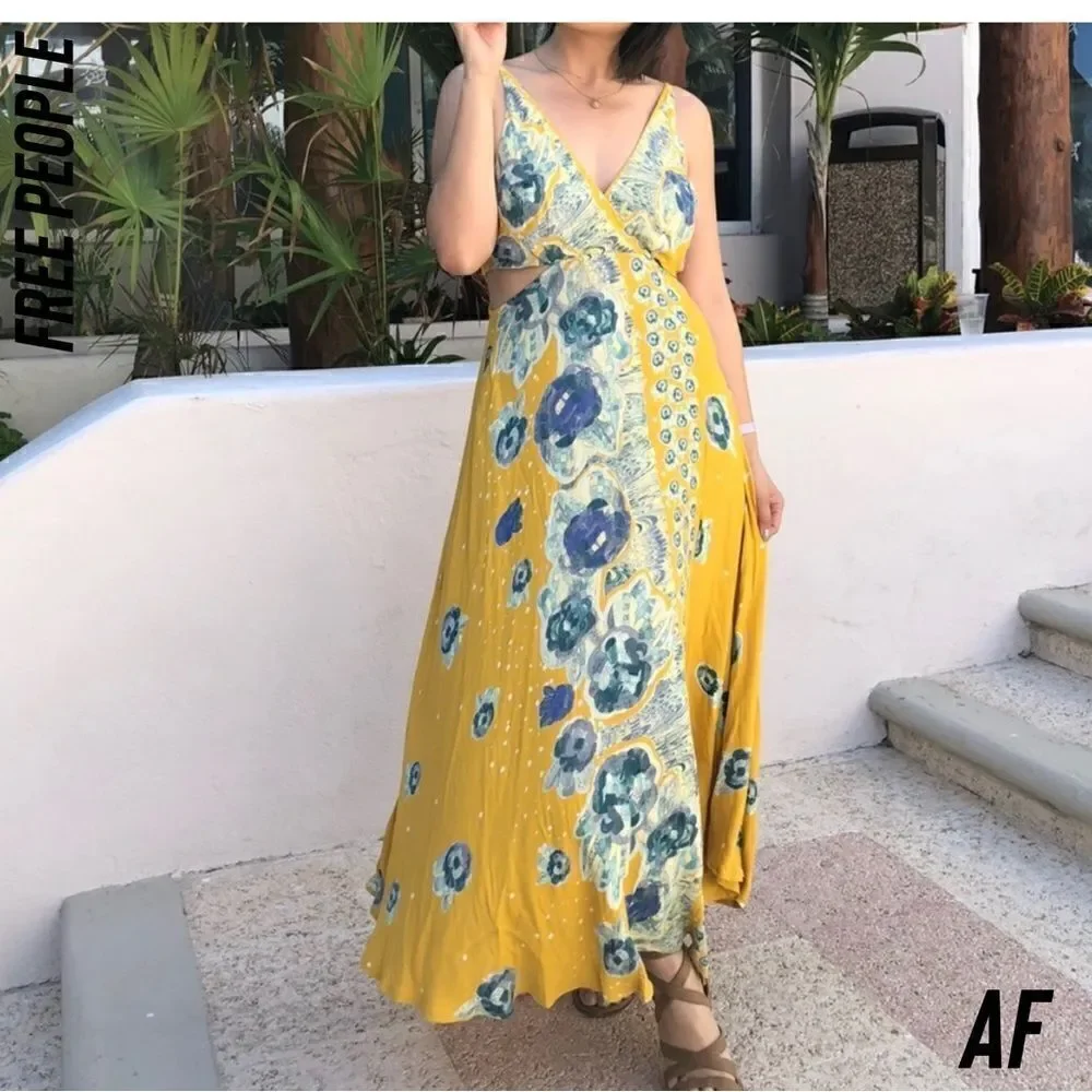 Free People Yellow Floral Maxi Dress with Blue Accents